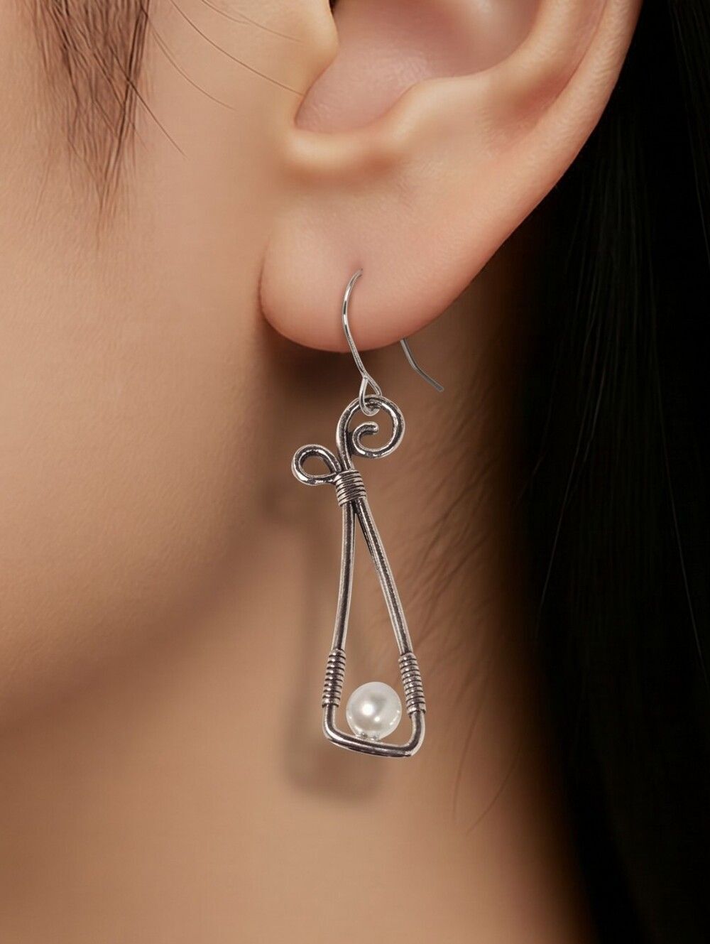 Silver Geometric Pearl Gothic Artisan Triangle Drop Earrings Minimalist Dangles